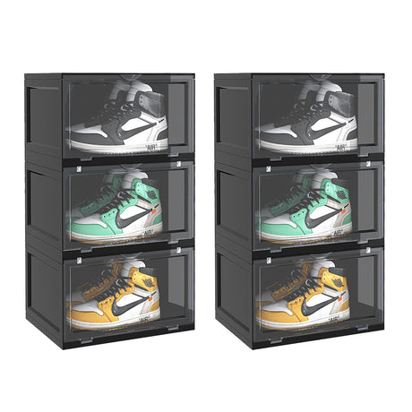 SOGA 2X 3 Tier Black Portable Shoe Organiser Sneaker Footwear Folding Plastic Bin Stackable Storage Box with Magnetic Door - Cafe Supply