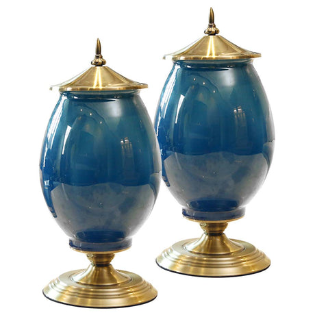 SOGA 2X 40cm Ceramic Oval Flower Vase with Gold Metal Base Dark Blue - Cafe Supply