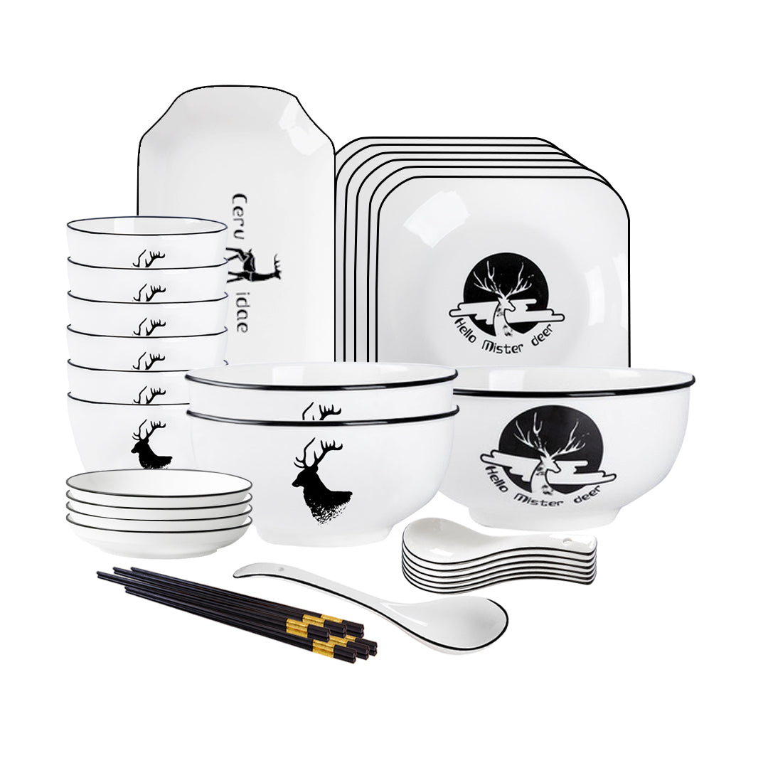 SOGA White Antler Printed Ceramic Dinnerware Set Crockery Soup Bowl Plate Server Kitchen Home Decor Set of 20 - Cafe Supply