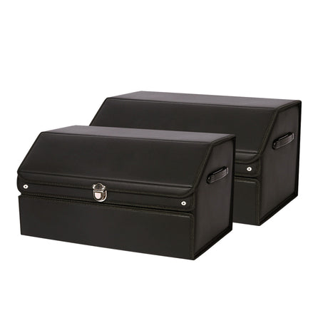 SOGA 2X 60cm Leather Car Boot Collapsible Foldable Trunk Cargo Organizer Portable Storage Box with Lock Black - Cafe Supply
