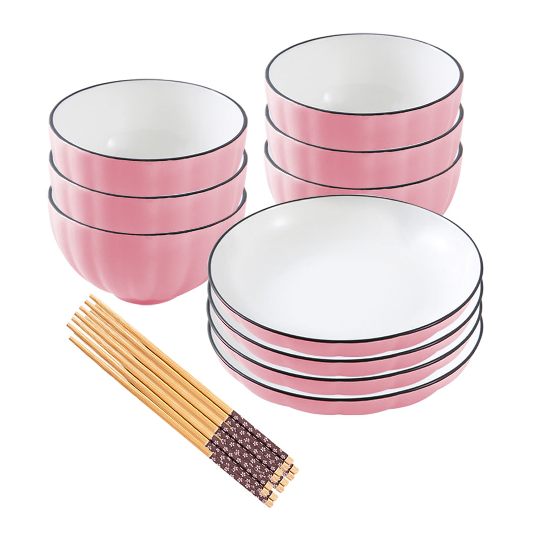 SOGA Pink Japanese Style Ceramic Dinnerware Crockery Soup Bowl Plate Server Kitchen Home Decor Set of 10 - Cafe Supply