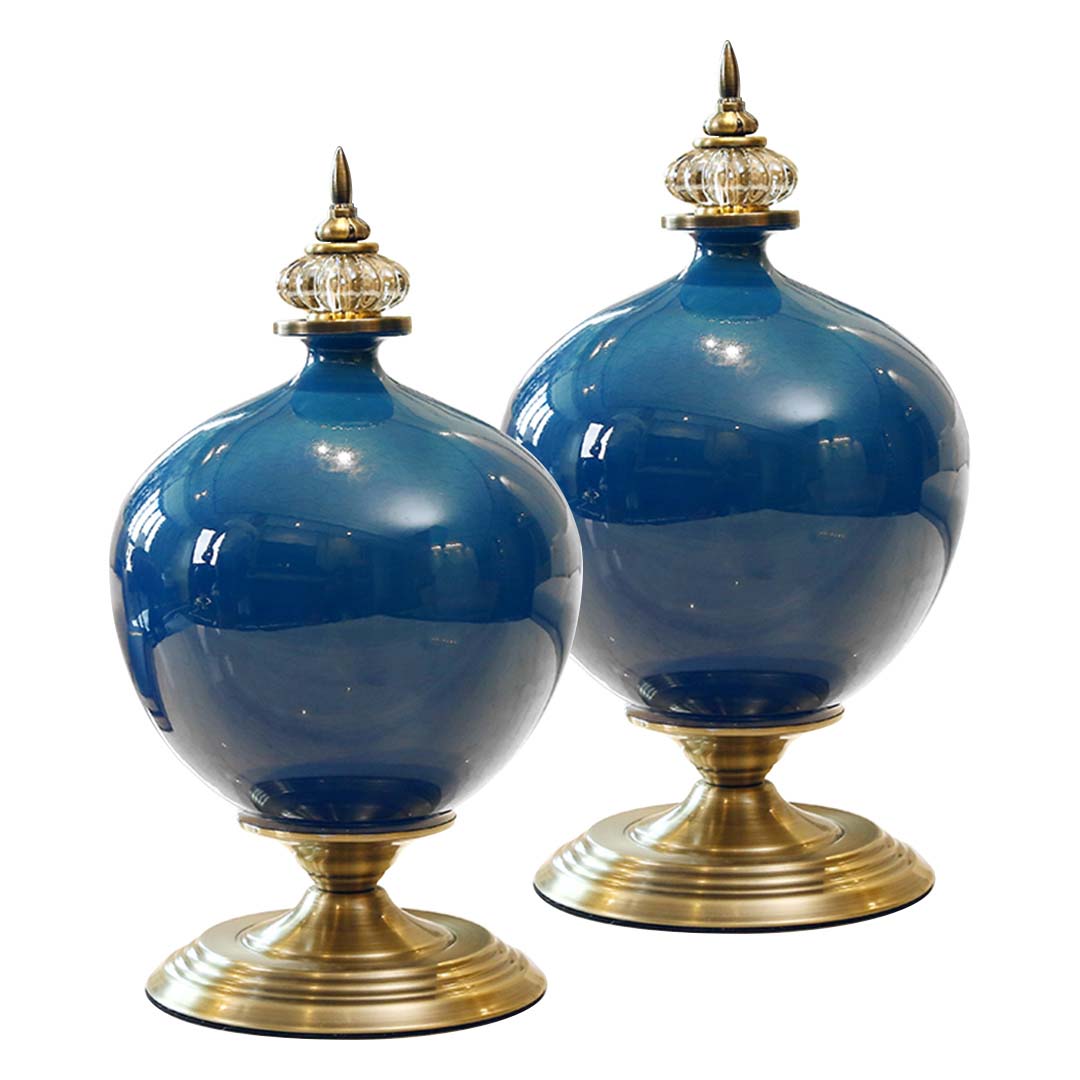SOGA 2X 38cm Ceramic Oval Flower Vase with Gold Metal Base Dark Blue - Cafe Supply
