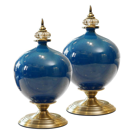 SOGA 2X 38cm Ceramic Oval Flower Vase with Gold Metal Base Dark Blue - Cafe Supply