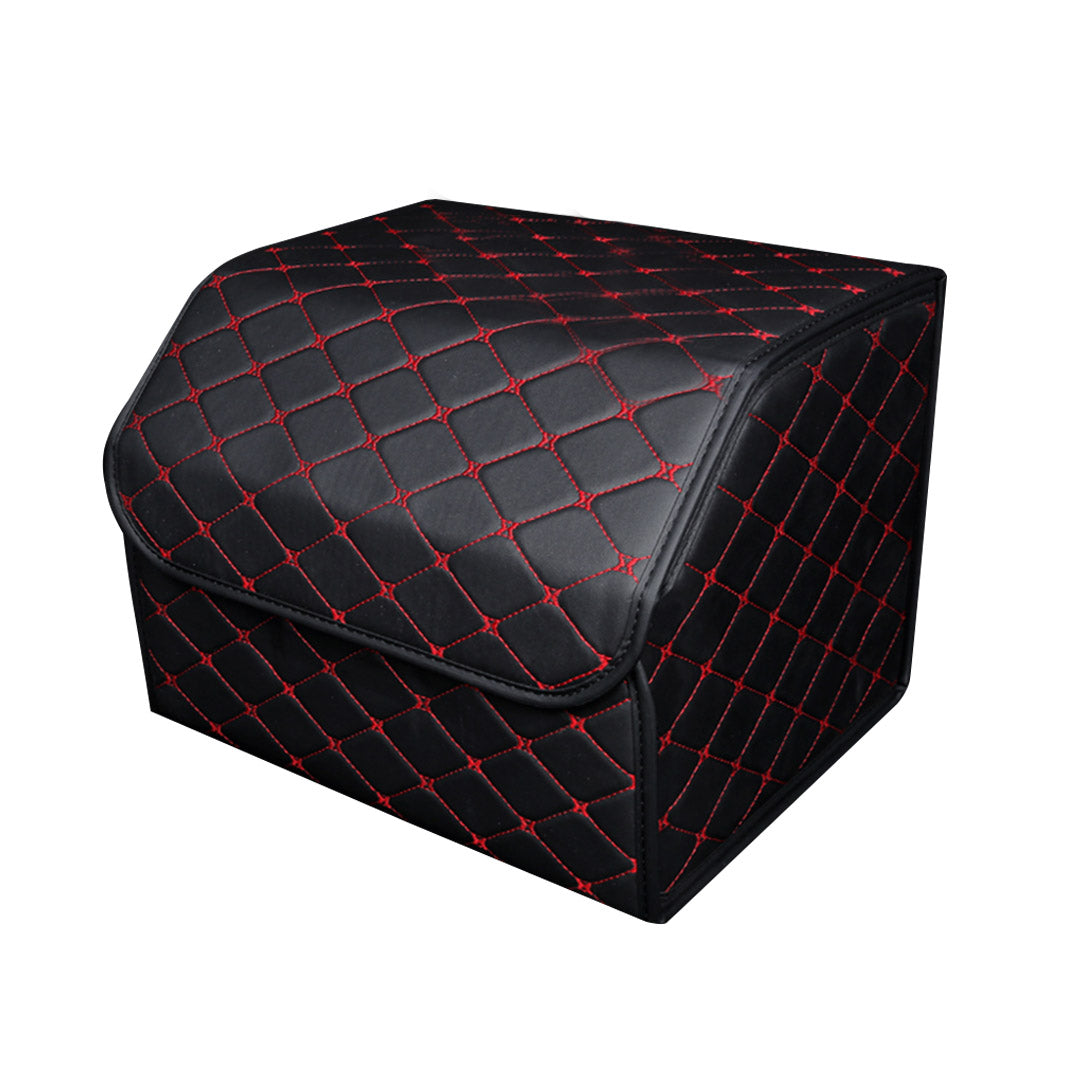 SOGA Leather Car Boot Collapsible Foldable Trunk Cargo Organizer Portable Storage Box Black/Red Stitch Medium - Cafe Supply