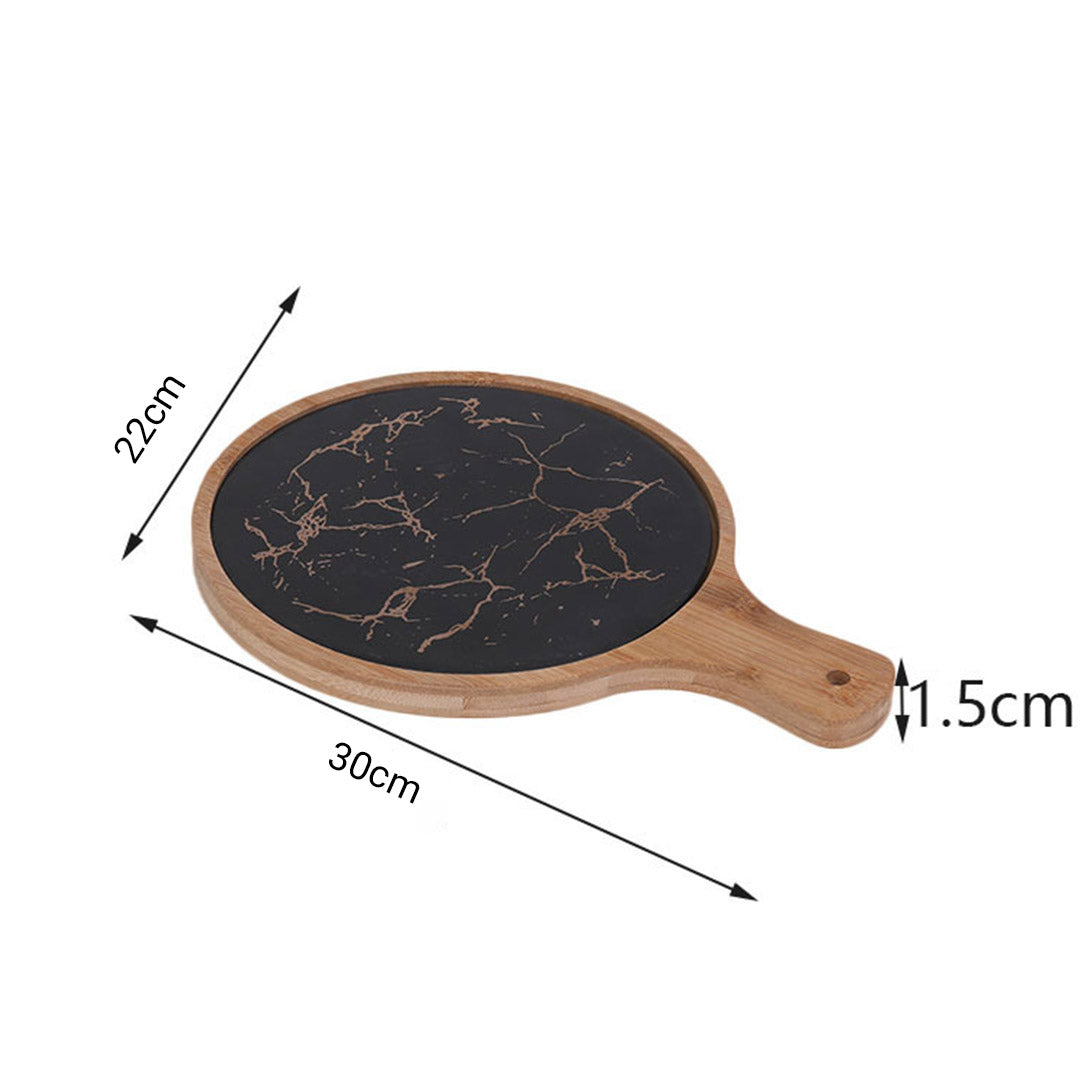 SOGA 30cm Black Circle Wooden Serving Tray Slate Steak Serving Platter Chopping Board Paddle Home Decor - Cafe Supply