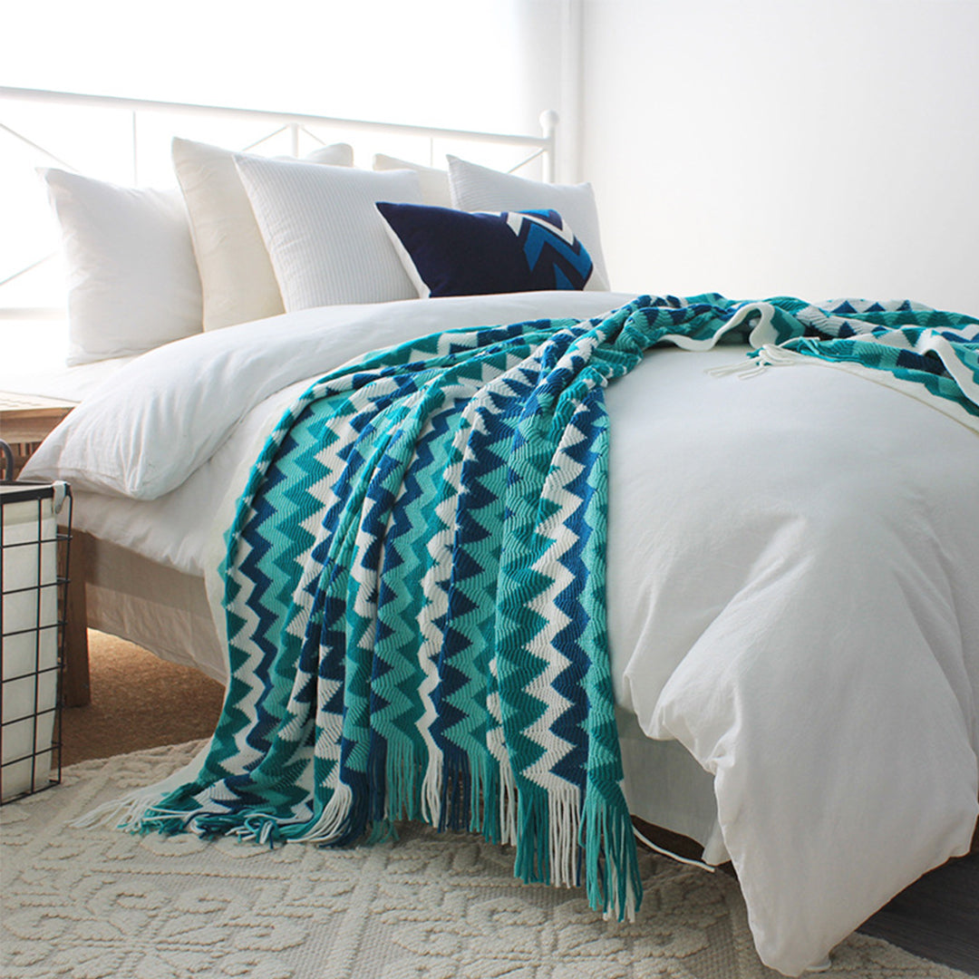 SOGA 2X 170cm Blue Zigzag Striped Throw Blanket Acrylic Wave Knitted Fringed Woven Cover Couch Bed Sofa Home Decor - Cafe Supply