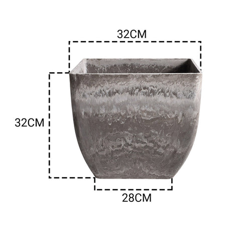 SOGA 2X 32cm Rock Grey Square Resin Plant Flower Pot in Cement Pattern Planter Cachepot for Indoor Home Office - Cafe Supply