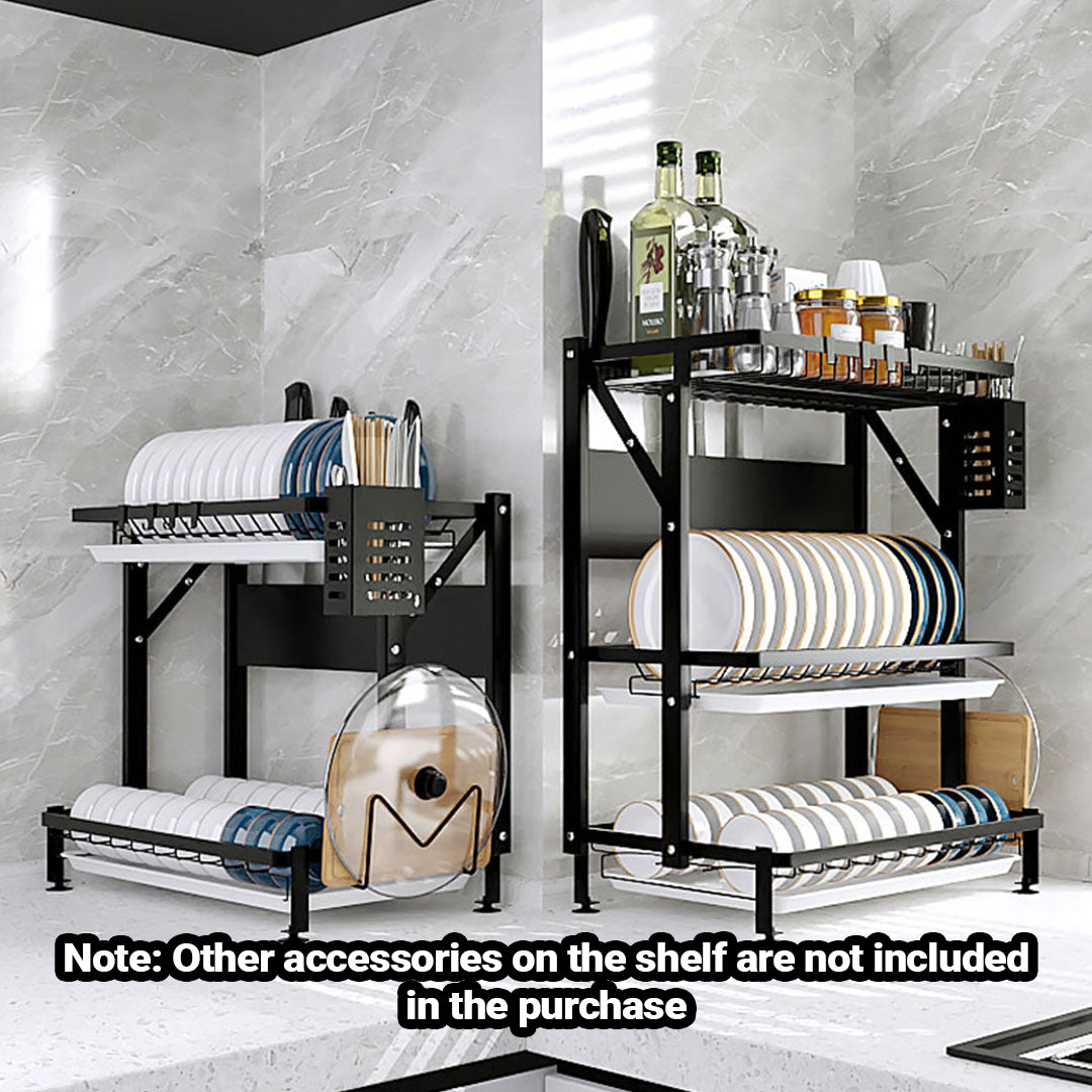 SOGA 2X 2 Tier Steel Black Kitchen Countertop Drying Dish Rack Plate Cutlery Cutting Board Holder Dish Drainer Kitchen Organiser - Cafe Supply