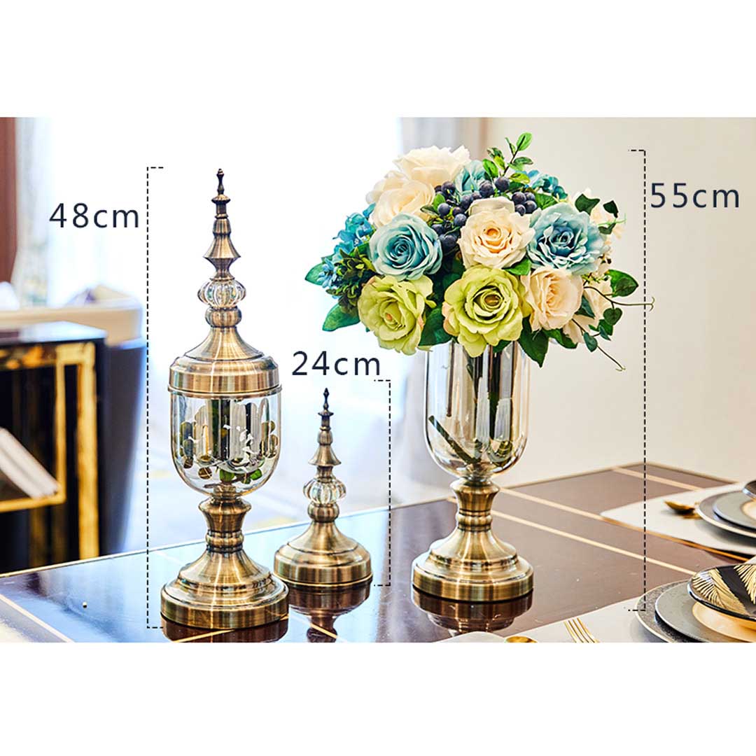 SOGA 2X Clear Glass Flower Vase with Lid and Pink Flower Filler Vase Bronze Set - Cafe Supply
