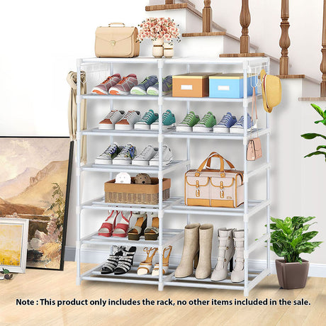 SOGA 2X 12-Shelf Tier Shoe Storage Shelf Space-Saving Caddy Rack Organiser with Side Hooks White - Cafe Supply