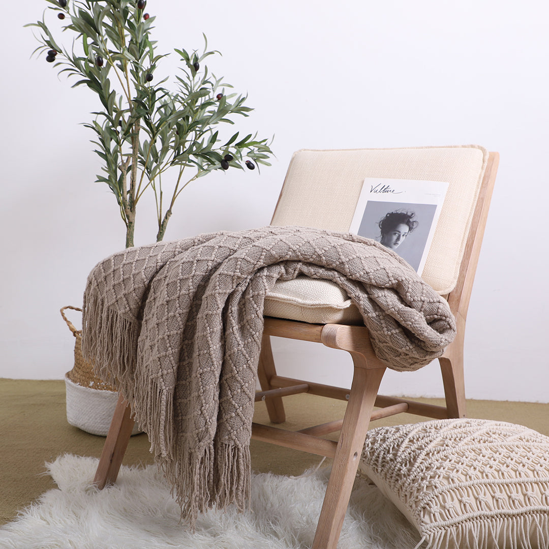 SOGA 2X Coffee Diamond Pattern Knitted Throw Blanket Warm Cozy Woven Cover Couch Bed Sofa Home Decor with Tassels - Cafe Supply