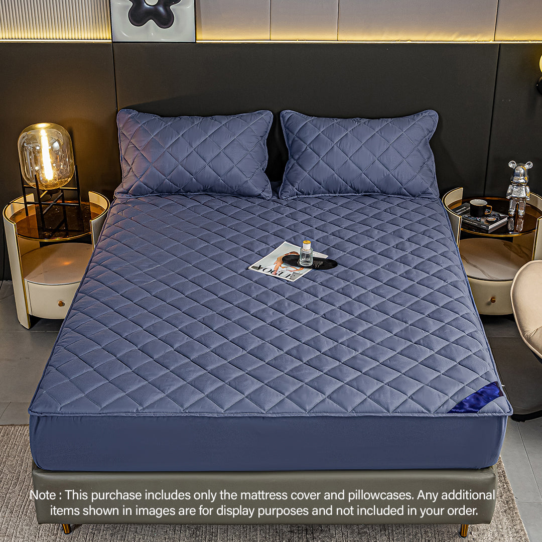 SOGA 2X Blue 183cm Wide Cross-Hatch Mattress Cover Thick Quilted Stretchable Bed Spread Sheet Protector with Pillow Covers - Cafe Supply