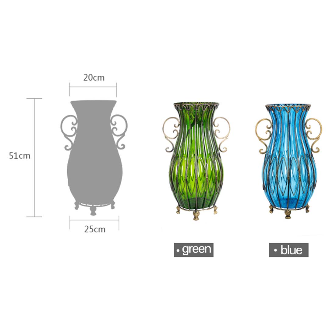 SOGA 51cm Blue Glass Oval Floor Vase with Metal Flower Stand - Cafe Supply
