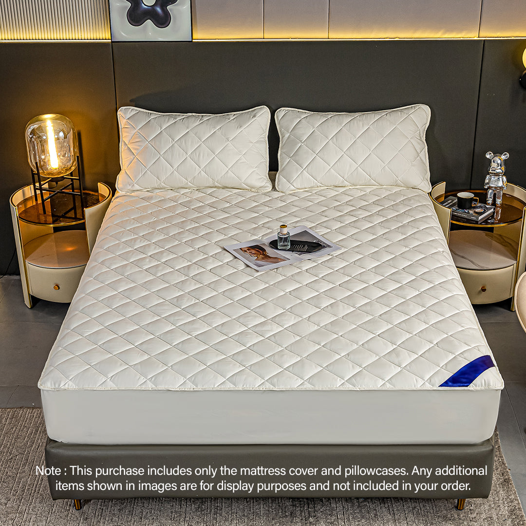 SOGA 2X White 183cm Wide Cross-Hatch Mattress Cover Thick Quilted Stretchable Bed Spread Sheet Protector with Pillow Covers - Cafe Supply