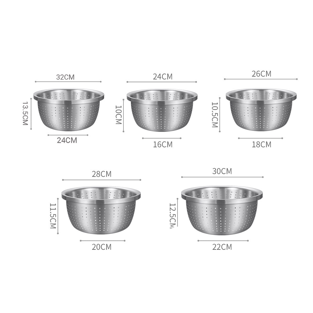 SOGA Stainless Steel Nesting Basin Colander Perforated Kitchen Sink Washing Bowl Metal Basket Strainer Set of 5 - Cafe Supply