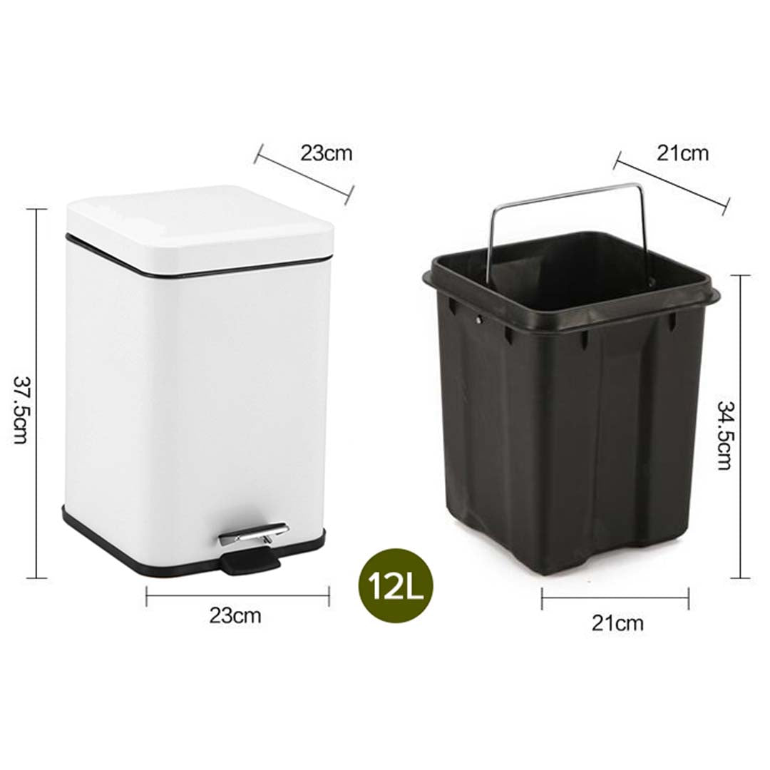 SOGA Foot Pedal Stainless Steel Rubbish Recycling Garbage Waste Trash Bin Square 12L White - Cafe Supply