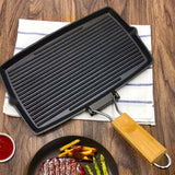 SOGA 20.5cm Rectangular Cast Iron Griddle Grill Frying Pan with Folding Wooden Handle - Cafe Supply