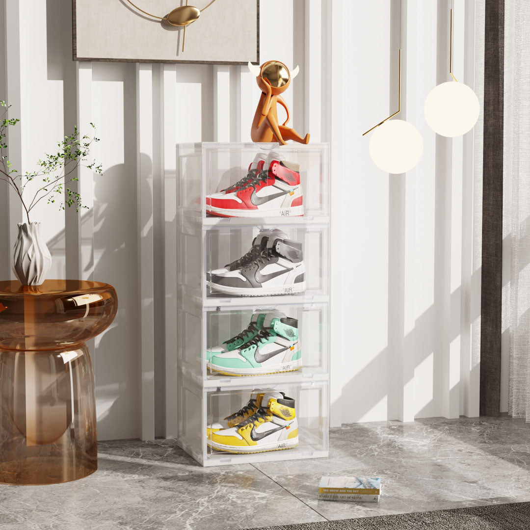 SOGA 4 Tier Transparent Portable Shoe Organiser Sneaker Footwear Folding Plastic Bin Stackable Storage Box with Magnetic Door - Cafe Supply