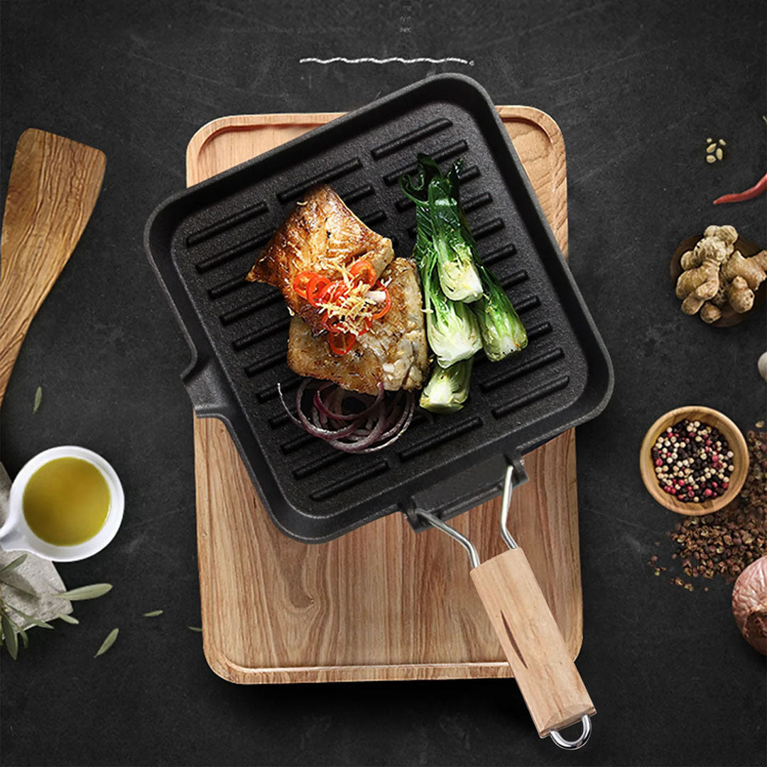 SOGA 2X 24cm Ribbed Cast Iron Square Steak Frying Grill Skillet Pan with Folding Wooden Handle - Cafe Supply