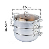 SOGA 2X 3 Tier 32cm Heavy Duty Stainless Steel Food Steamer Vegetable Pot Stackable Pan Insert with Glass Lid - Cafe Supply