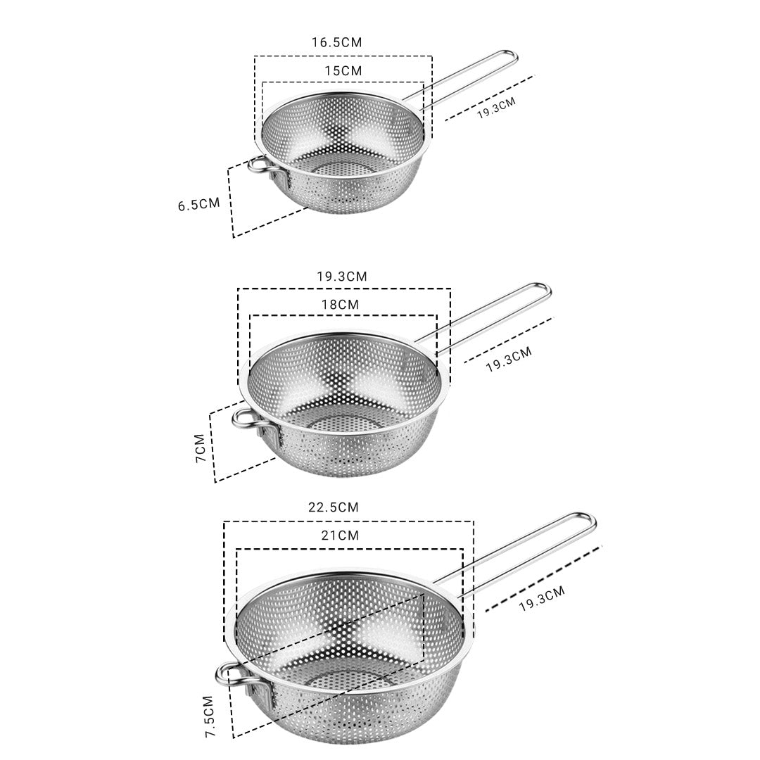 SOGA Stainless Steel Perforated Colander Fine Mesh Net Food Strainer Basket with Handle Skimmer Sieve Set - Cafe Supply