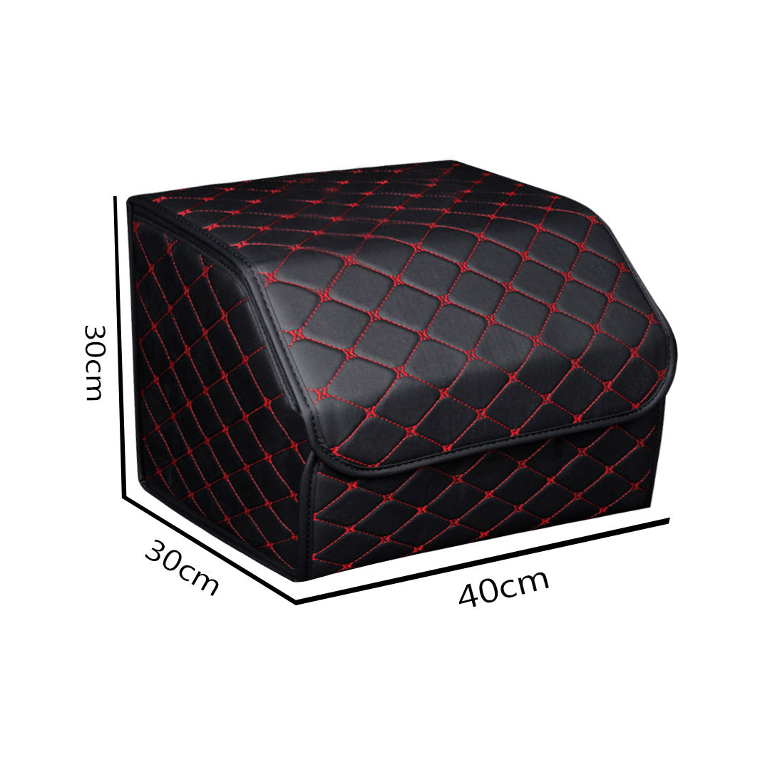 SOGA 4X Leather Car Boot Collapsible Foldable Trunk Cargo Organizer Portable Storage Box Black/Red Stitch Medium - Cafe Supply