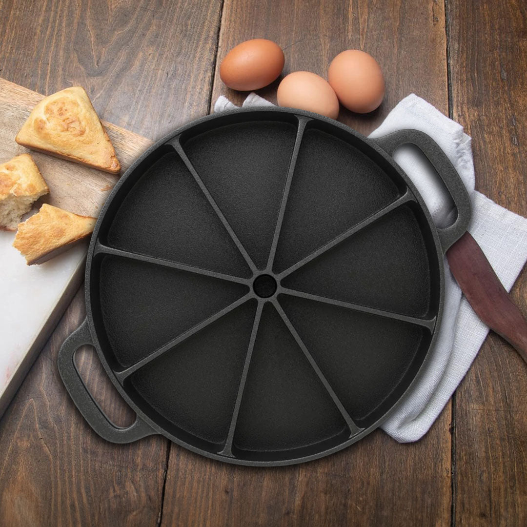 SOGA 2X 21.5CM Round Cast Iron Baking Wedge Pan Cornbread Cake 8-Slice Baking Dish with Handle - Cafe Supply