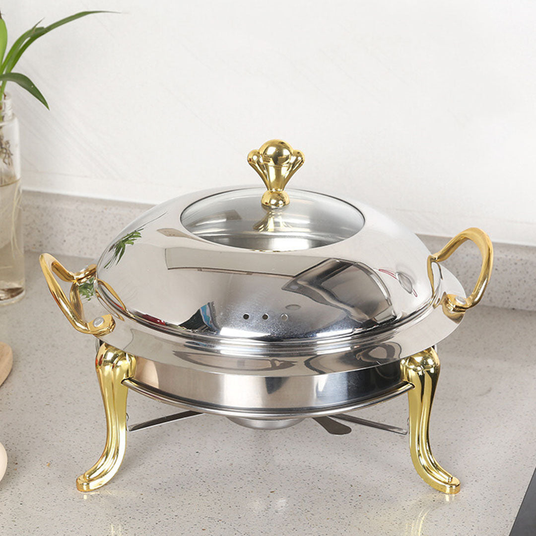 SOGA 4X Stainless Steel Gold Accents Round Buffet Chafing Dish Cater Food Warmer Chafer with Glass Top Lid - Cafe Supply