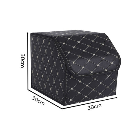 SOGA 2X Leather Car Boot Collapsible Foldable Trunk Cargo Organizer Portable Storage Box Black/Gold Stitch Small - Cafe Supply