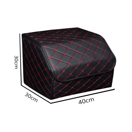 SOGA 2X Leather Car Boot Collapsible Foldable Trunk Cargo Organizer Portable Storage Box Black/Red Stitch Medium - Cafe Supply