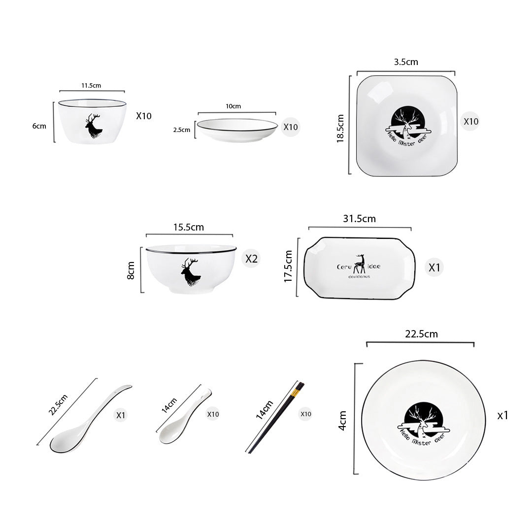 SOGA White Antler Printed Ceramic Dinnerware Set Crockery Soup Bowl Plate Server Kitchen Home Decor Set of 34 - Cafe Supply
