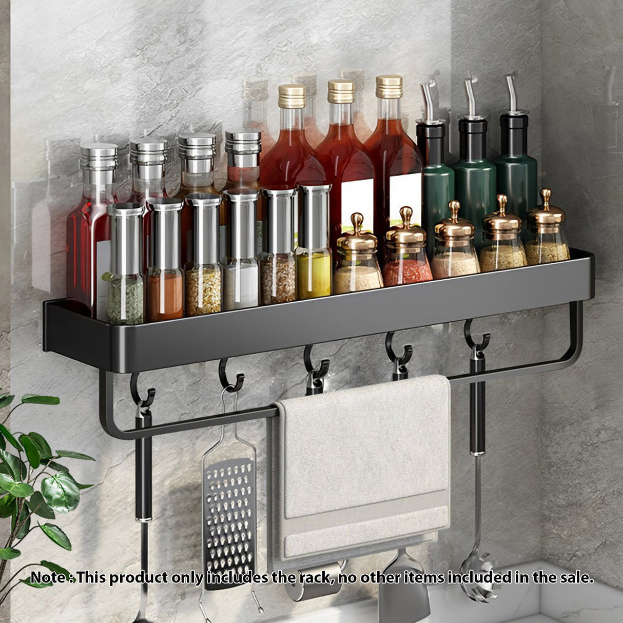 SOGA 2X 52cm Black Wall-Mounted Rectangular Kitchen Spice Storage Organiser Space Saving Condiments Shelf Rack with Hooks - Cafe Supply