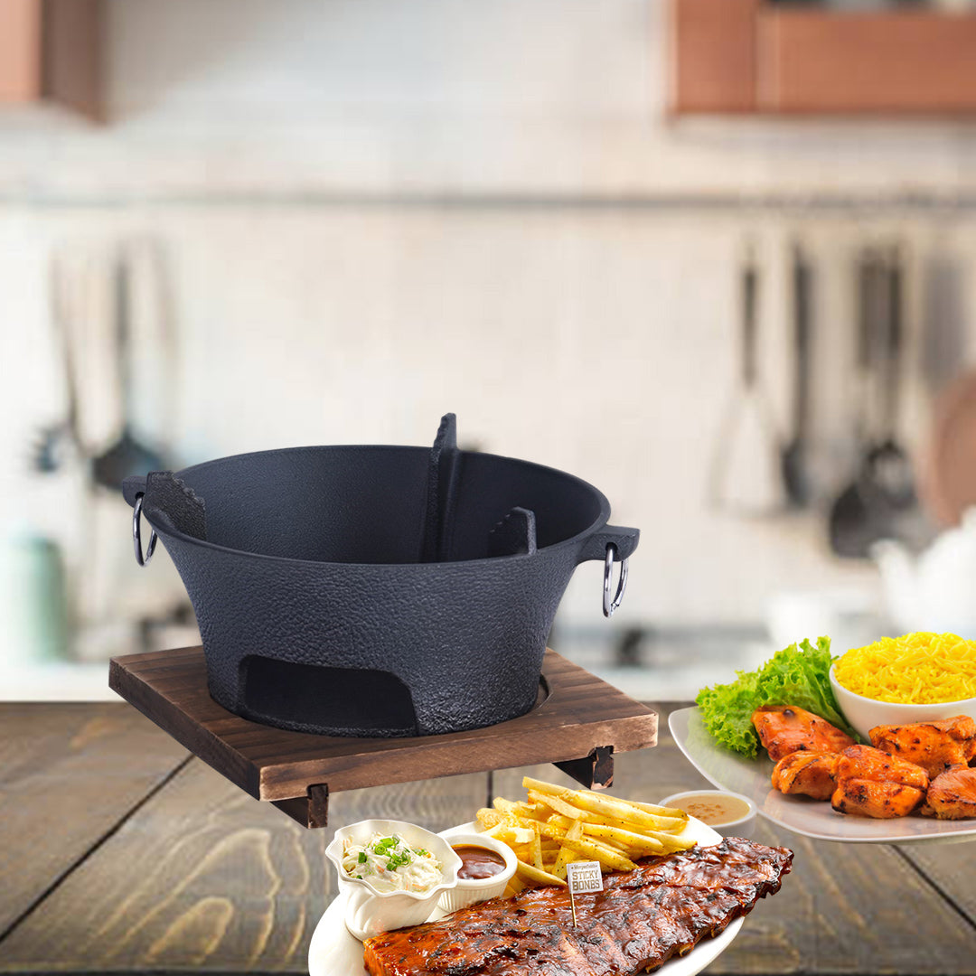 SOGA 2X Small Cast Iron Round Stove Charcoal Table Net Grill Japanese Style BBQ Picnic Camping with Wooden Board - Cafe Supply