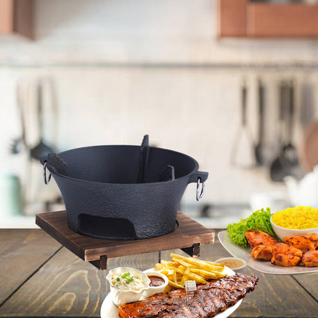 SOGA 2X Small Cast Iron Round Stove Charcoal Table Net Grill Japanese Style BBQ Picnic Camping with Wooden Board - Cafe Supply
