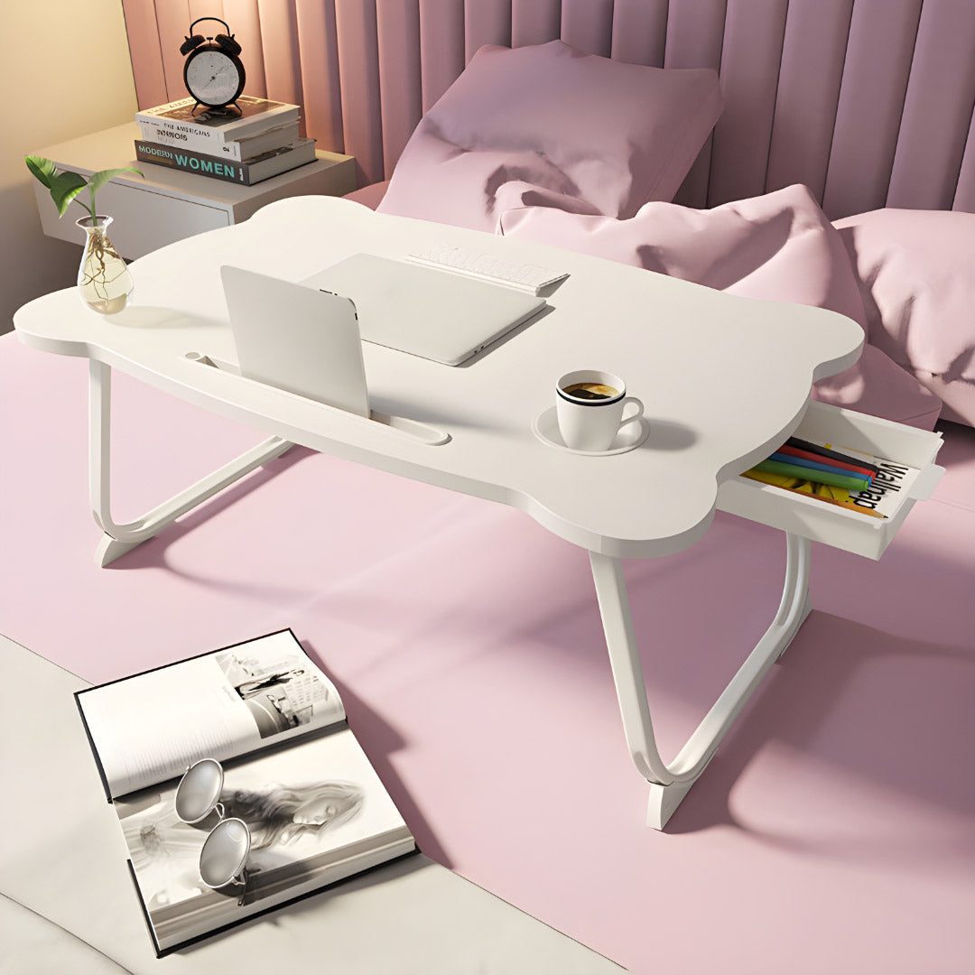 SOGA White Portable Bed Table Adjustable Folding Mini Desk With Mini Drawer and Cup-Holder Home Decor - Cafe Supply