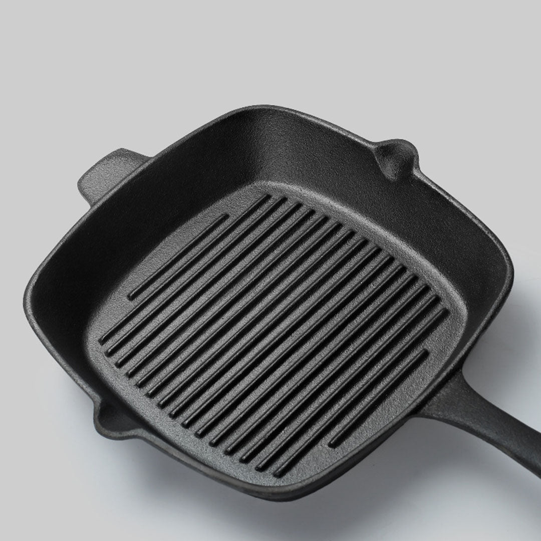 SOGA 26cm Square Ribbed Cast Iron Frying Pan Skillet Steak Sizzle Platter with Handle - Cafe Supply
