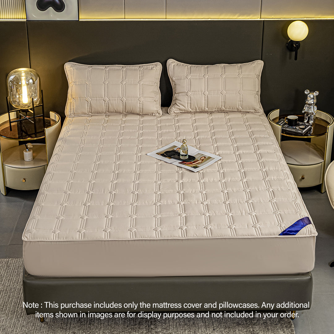 SOGA 2X Beige 153cm Wide Mattress Cover Thick Quilted Stretchable Bed Spread Sheet Protector with Pillow Covers - Cafe Supply