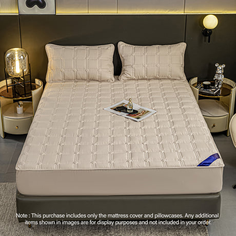 SOGA 2X Beige 153cm Wide Mattress Cover Thick Quilted Stretchable Bed Spread Sheet Protector with Pillow Covers - Cafe Supply
