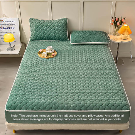 SOGA 2X Green 153cm Wide Mattress Cover Thick Quilted Fleece Stretchable Clover Design Bed Spread Sheet Protector with Pillow Covers - Cafe Supply