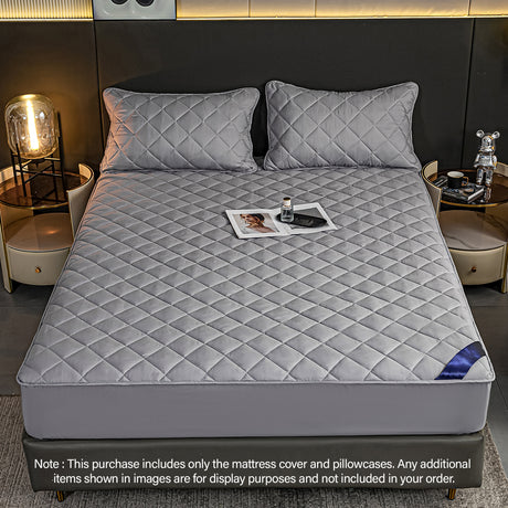 SOGA 2X Grey 138cm Wide Cross-Hatch Mattress Cover Thick Quilted Stretchable Bed Spread Sheet Protector with Pillow Covers - Cafe Supply