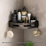 SOGA Black Wall-Mounted Triangular Bathroom Storage Corner Vanity Organiser Space Saving Adhesive Shelf Rack with Hooks - Cafe Supply