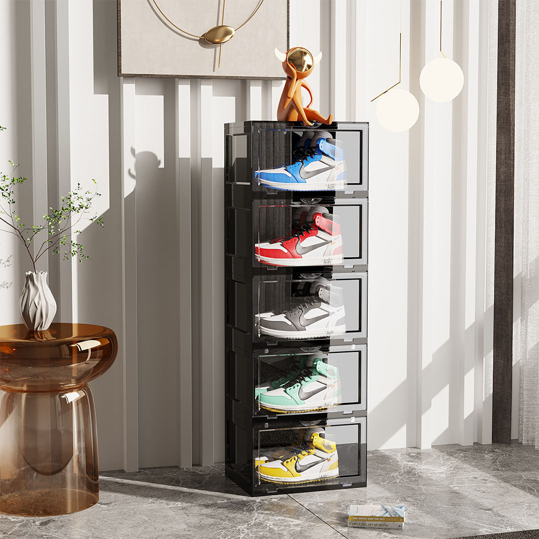 SOGA 2X 5 Tier Black Portable Shoe Organiser Sneaker Footwear Folding Plastic Bin Stackable Storage Box with Magnetic Door - Cafe Supply