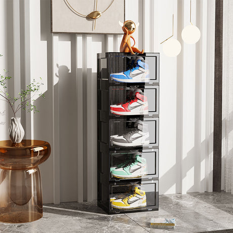 SOGA 2X 5 Tier Black Portable Shoe Organiser Sneaker Footwear Folding Plastic Bin Stackable Storage Box with Magnetic Door - Cafe Supply