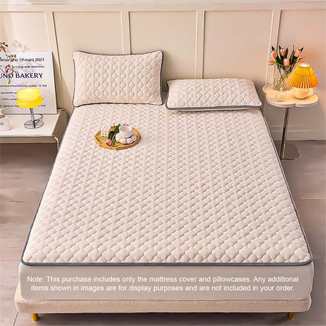 SOGA 2X Beige 153cm Wide Mattress Cover Thick Quilted Fleece Stretchable Clover Design Bed Spread Sheet Protector with Pillow Covers05 - Cafe Supply