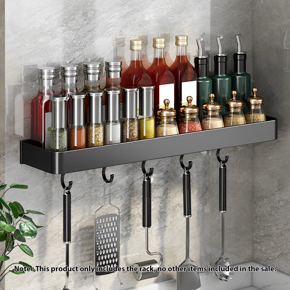 SOGA 32cm Black Wall-Mounted Rectangular Kitchen Spice Storage Organiser Space Saving Condiments Shelf Rack with Hooks - Cafe Supply