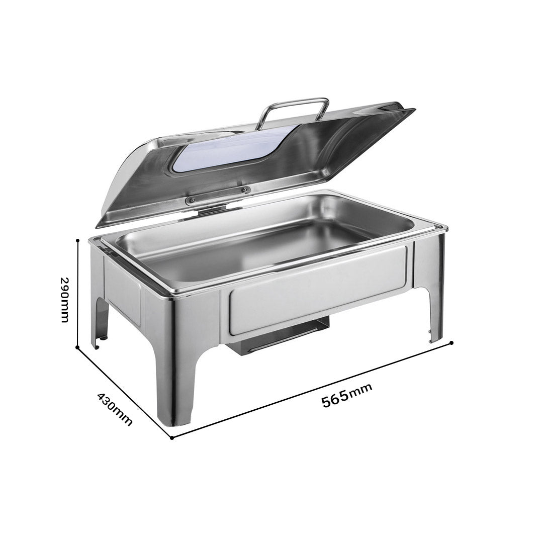 SOGA 4X 9L Rectangular Stainless Steel Soup Warmer Roll Top Chafer Chafing Dish Set with Glass Visual Window Lid - Cafe Supply