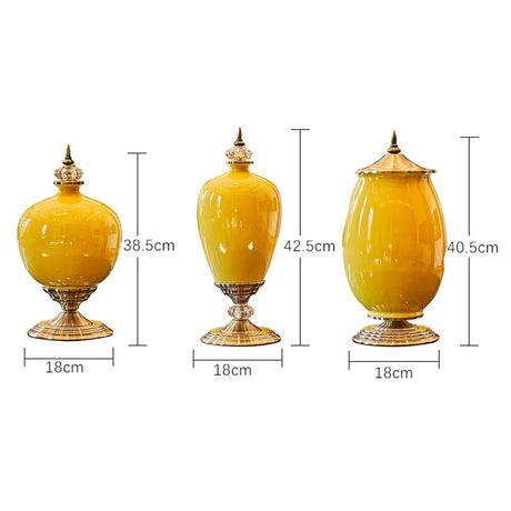 SOGA 2X 42cm Ceramic Oval Flower Vase with Gold Metal Base Yellow - Cafe Supply