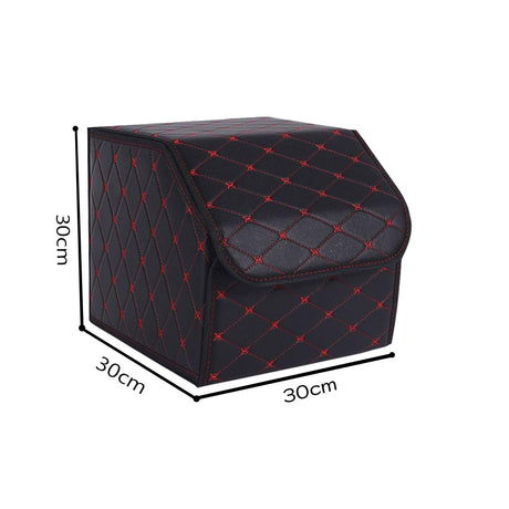 SOGA 2X Leather Car Boot Collapsible Foldable Trunk Cargo Organizer Portable Storage Box Black/Red Stitch Small - Cafe Supply
