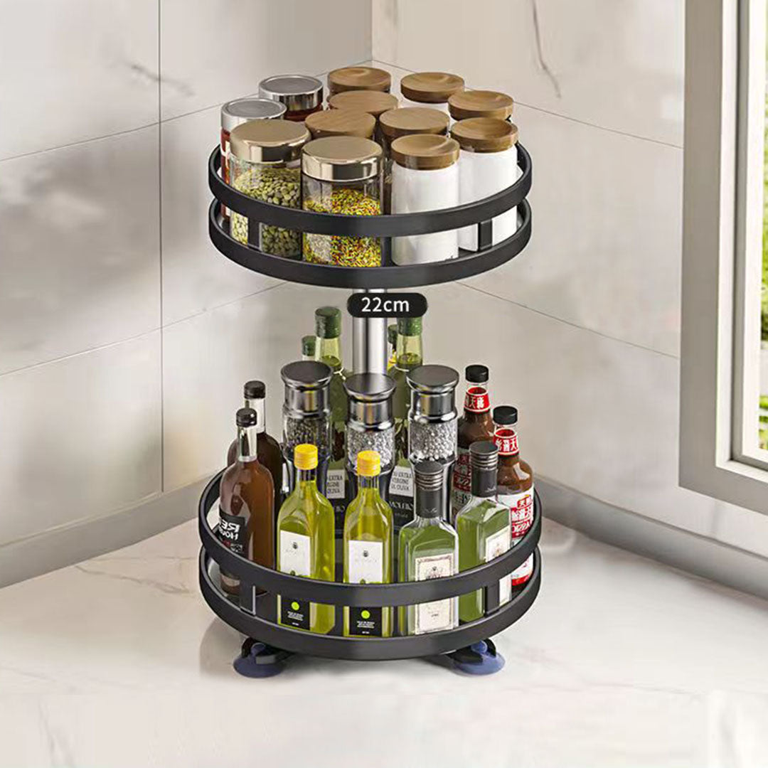 SOGA 2 Tier Steel Black Round Rotating Multi-Function Kitchen Portable Storage Spice Seasoning Kitchen Countertop Organiser Shelf - Cafe Supply