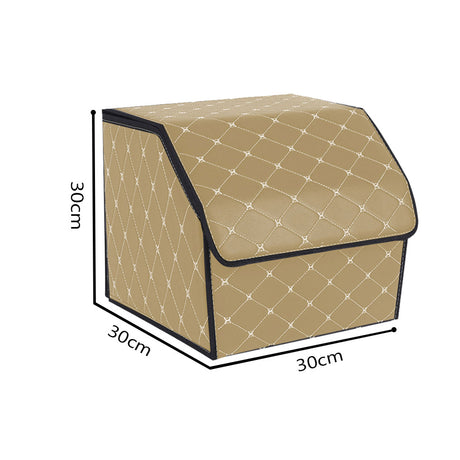 SOGA 2X Leather Car Boot Collapsible Foldable Trunk Cargo Organizer Portable Storage Box Beige/Gold Stitch Small - Cafe Supply